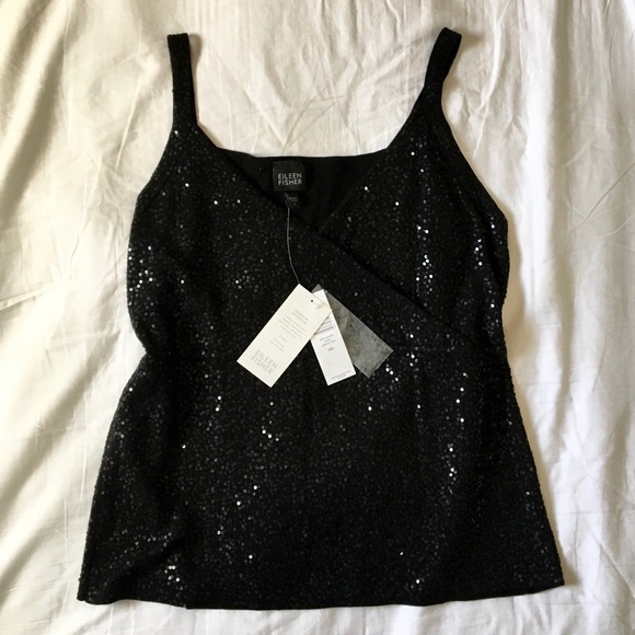 Eileen Fisher Black Sequin Surplice Shell size L - Picture 4 of 8